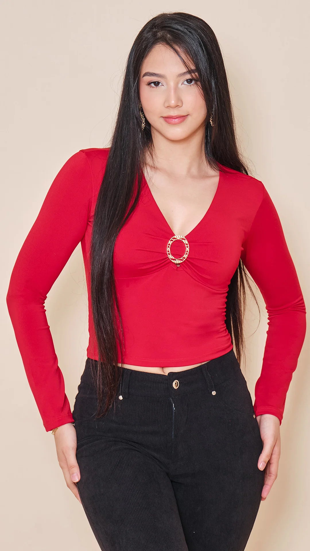 ROJO - blusa-corta-con-escote-profundo-manga-larga-rojo