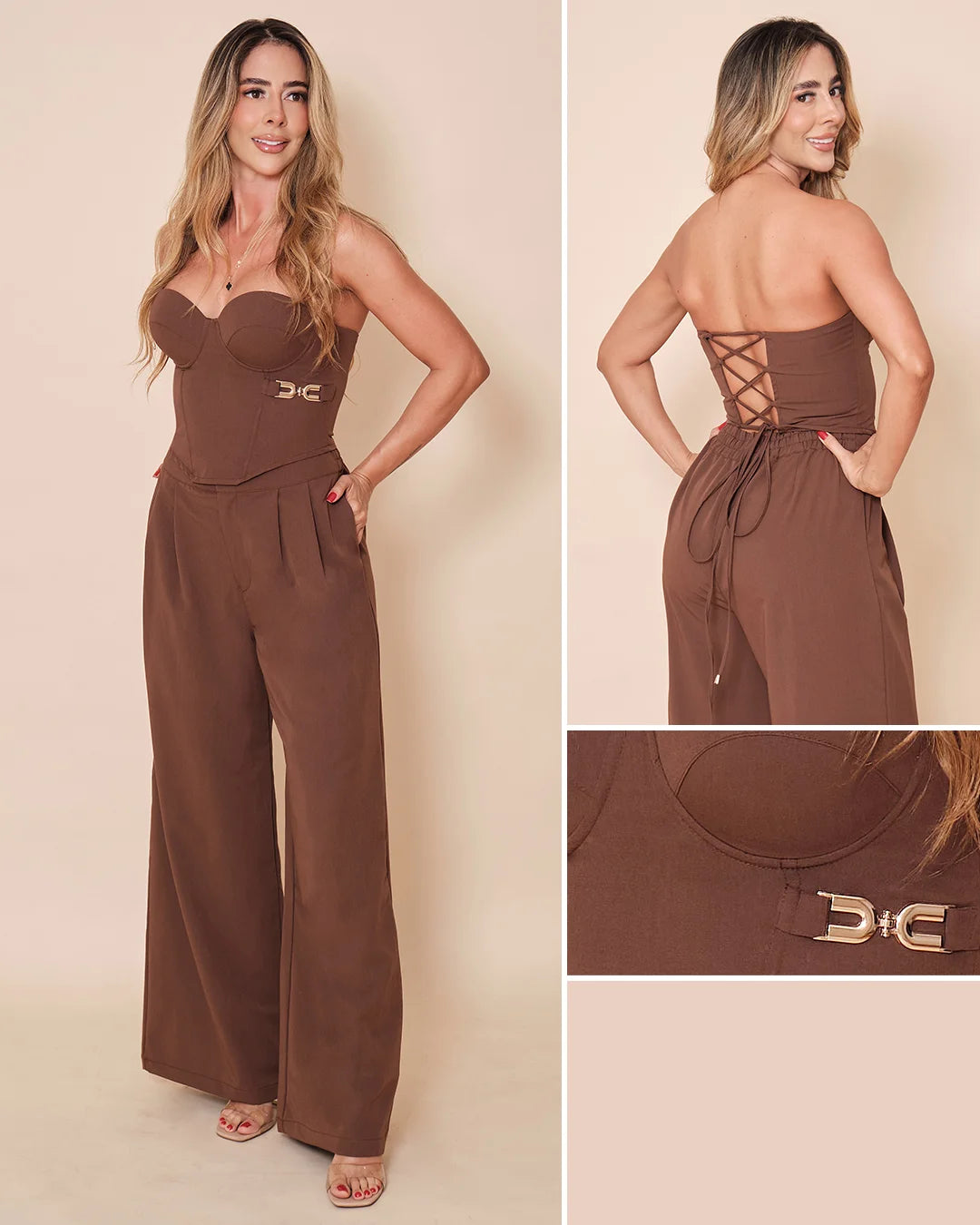 CHOCOLATE - conjunto-corset-estraple-con-copa-y-varillas-pantalon-con-bolsillos-chocolate