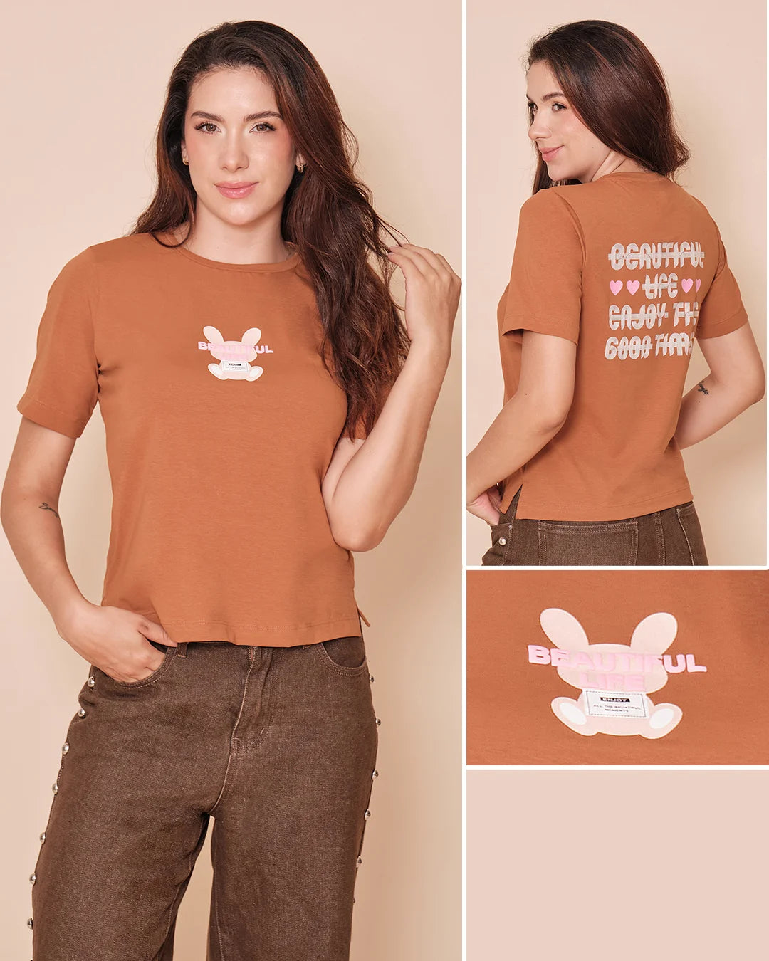 CAFÉ - blusa-con-abertura-en-costado-dobladillo-ancho-estampado-sobre-tela-fria-cafe